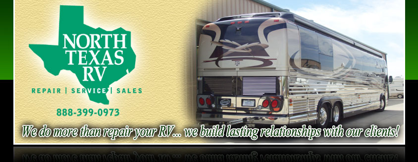 Sleek RV with North Texas RV Repair Shop logo and motto at the bottom of image